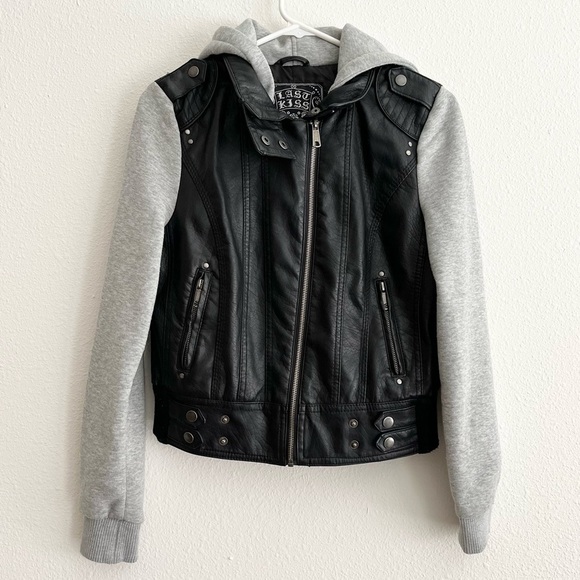 Last Kiss Y2K Black Leather Hybrid Gray Hooded Zip Moto Jacket Size Medium - Picture 1 of 7